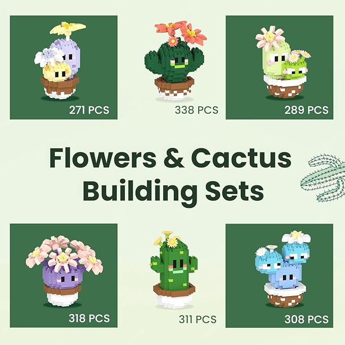 Flowers & Cactus Building Sets for Adults, 6 Pack Succulents Bonsai Décor Model Kits, Tiny Plants Party Favors For Kids 8-12, Goodie Bag Stuffers, Prize Box Toys Gifts for Kids, Botanical Lovers