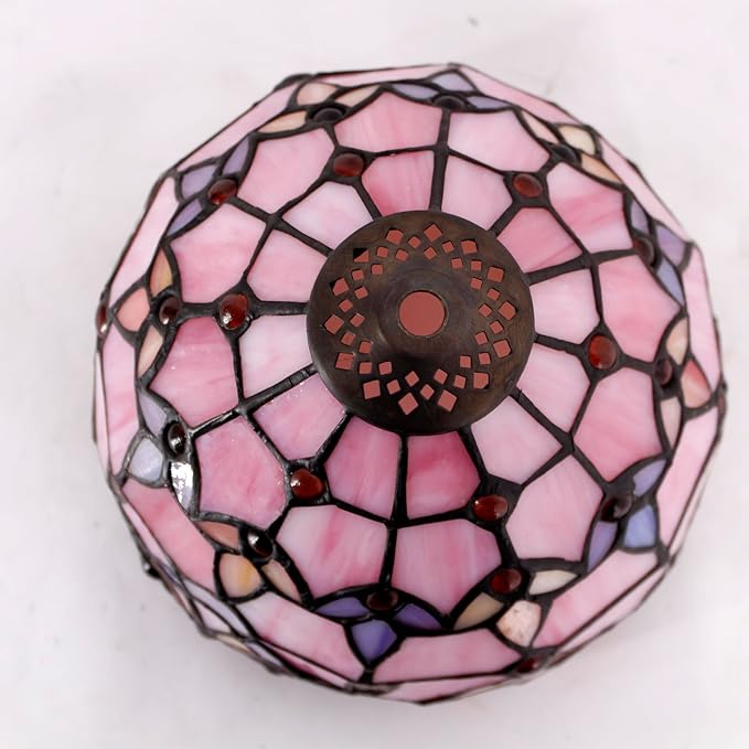WERFACTORY Small Tiffany Lamp Desk Pink Stained Glass Baroque Mushroom Table Lamp Bronze Mini Accent Lamp W8H11 Inch S003P Series