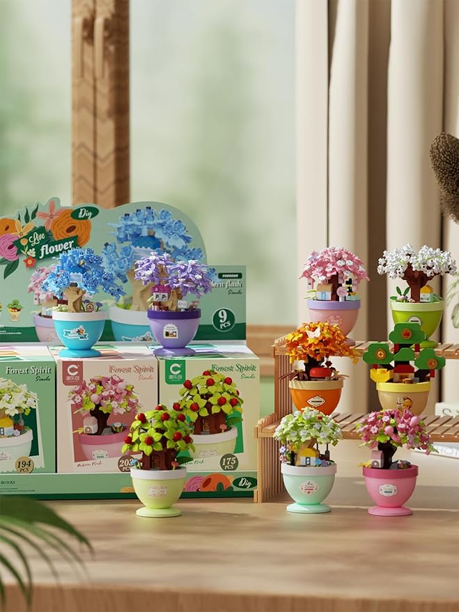 9 Set Mini Bonsai Tree Micro Building Set Building Toy Plant Cherry Tree Flower Collection Decor for Home Desk Greenery Decoration Building Blocks DIY Creative Gifts