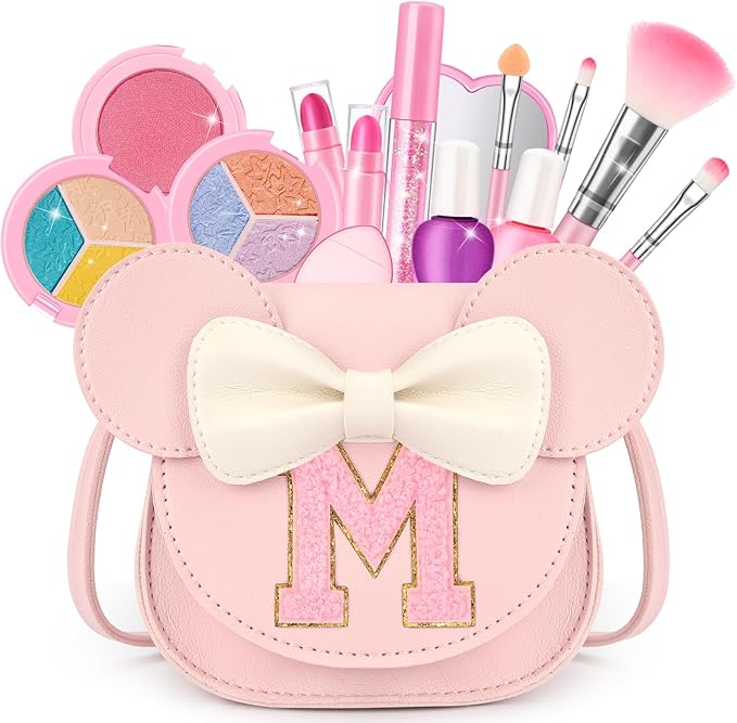 Kids Makeup Kit for Girls - 15 Pcs Real Washable Make Up Set - Non Toxic Toddlers Cosmetic with Letter Mouse Ear Purse - Dress up Birthday Gifts for 3 4 5 6 7 8 Years Old Girls - M