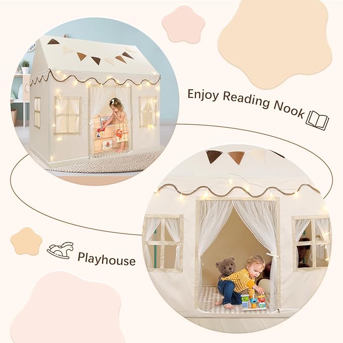 Kids Play Tent, Toddlers Large Playhouse with Mat, Star String, Flag, Machine Washable, Indoor and Outdoor Play Tent for Kids, Girls & Boy Aged 3+, 50" x 34" x 51", Cream