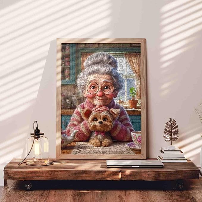 Sweet Grandma with Puppy Jigsaw Puzzles 1000 Pieces Afternoon Tea Time Art Jigsaw Puzzles for Challenging Family Games Cozy Kitchen DIY Handwork Puzzle for Home Wall Decor Gifts 20x27 Inches