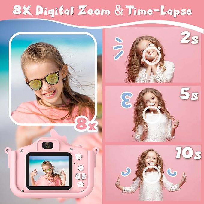 Kids Camera for Girls, HD Selfie Toddler Camera, Christmas Birthday Toys for Girls Age 3-12 Years, Kid Digital Camera with 32GB Card, Cute Princess Toys Gifts for Kids 3 4 5 6 7 8 Years Old(Pink)