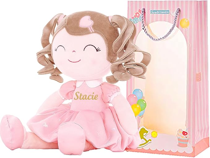 Gloveleya Personalized Curly Doll with Your Name - Cute Custom Pink Soft Plush Doll for Girls Plush Doll Customized Gifts