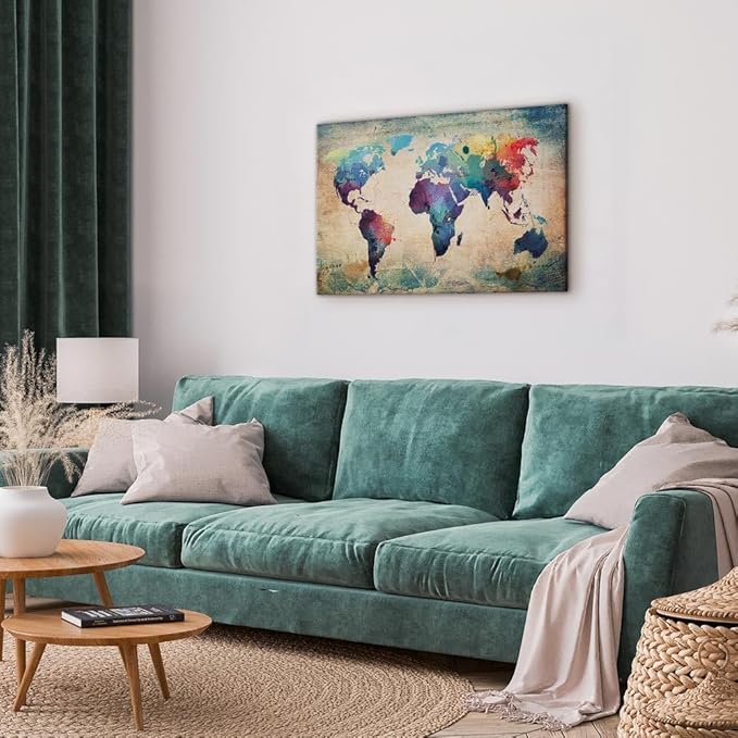 artgeist Canvas Wall Art Print World Map 35x24 in - 1pcs Home Decor Framed Stretched Picture Photo Painting Artwork Image World Travel Map Kontinente 020113-44