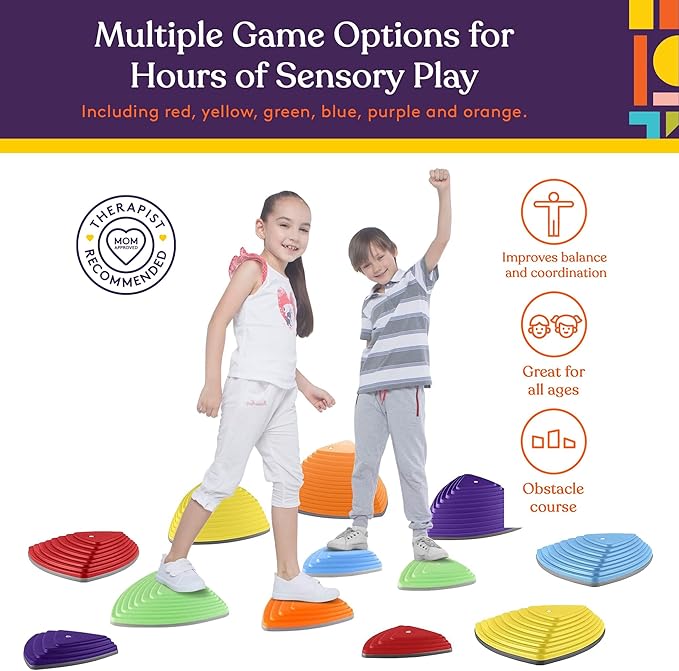 Special Supplies Stepping Stones for Kids Indoor and Outdoor Balance Blocks Promote Coordination, Balance, Strength Child Safe Rubber, Non-Slip Edging (Multi-Color, 12)