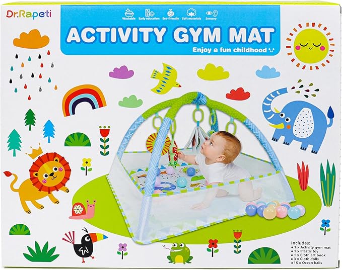 Dr.Rapeti Baby Play Gym Mat with Ball Pit Activity Gym Center Tummy Time Mat Thickened Mat Sensory Exploration Motor Skill Development for Newborn Infant Baby Toddlers