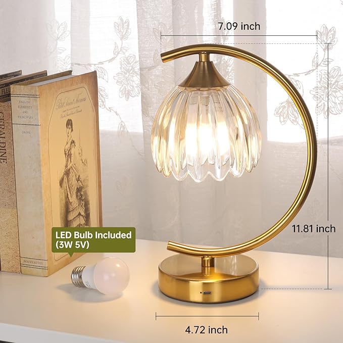 Cordless Table Lamp with 5200mAh Battery & Touch Control - 3 Adjustable Color Temperatures Bulb, Rechargeable Small Table Lamps for Living Room, Bedroom, Desk, Bedside (Transparent Tulip)