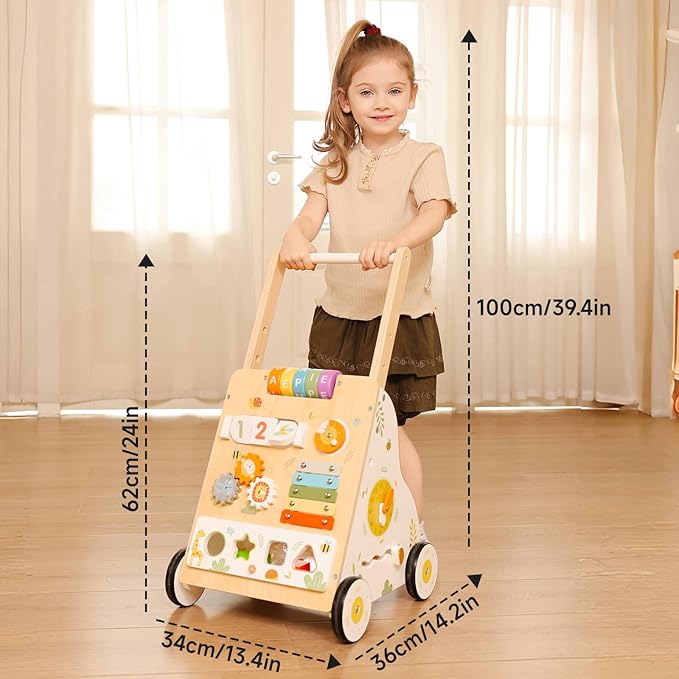Wooden Baby Walker Push Toy for Infants 1-3 Years Learning to Walk, Adjustable Speed Activity Walker with Montessori Toys, First Birthday Gift for Boys & Girls