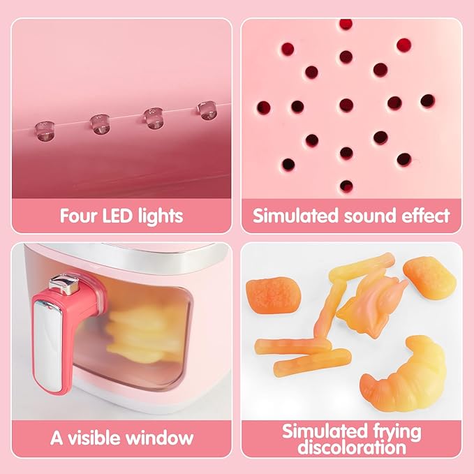 Play Kitchen Accessories, Pretend Kitchen Appliances Set with Toy Air Fryer for Kids with Sound and Lighting, Color-Changing Play Food, Birthday Gift for Boys and Girls Ages 3-5 4-8,Pink