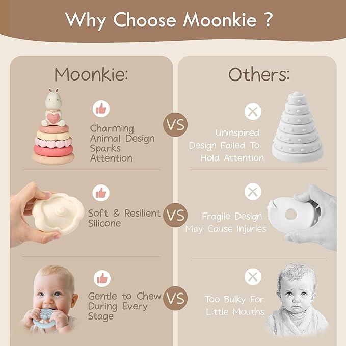 Moonkie Bunny Baby Stacking Toys | 7-Piece Silicone Rings for Teething Relief | Educational Toy for Infants & Toddlers 6 Months+ | Baby Shower or Birthday Gift for Girls