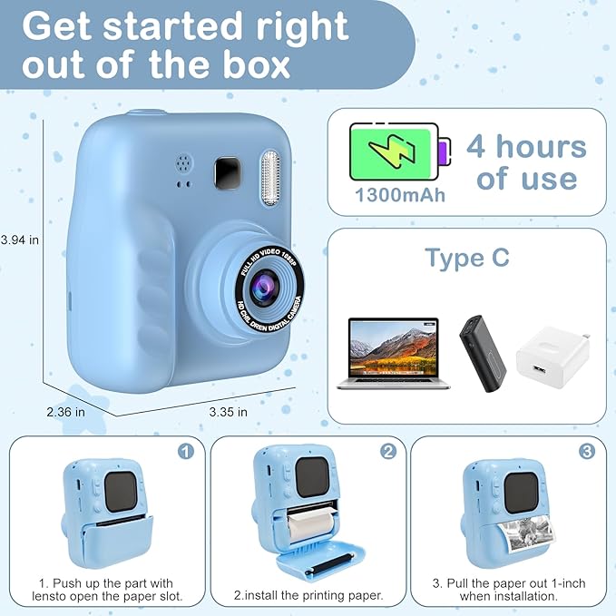 Kids Instant Print Camera, 1080P HD Kids Camera Instant Print, Includes 32GB SD Card, Adapter & 4 Zink Paper Rolls, Best Christmas or Birthday Gift for Girls Boys Age 3-12（Blue）