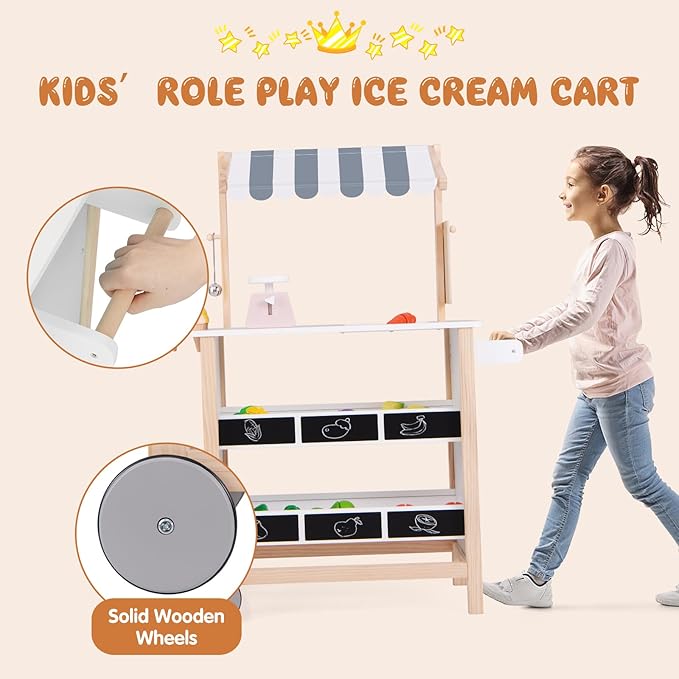 HONEY JOY Kids Ice Cream Cart, Wooden Grocery Store Playset w/6 Pieces Play Food, Realistic Bell & Food Scale, Chalkboard, Pretend Play Dessert Shop Counter Stand Truck, Gift for Boys Girls