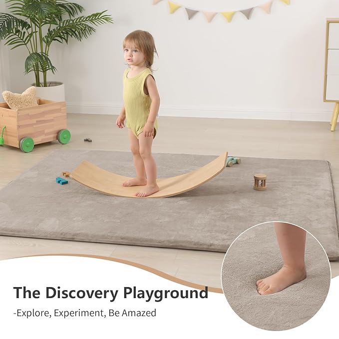 Baby Play Mat for Floor,Extra Large 59"×71" Tummy Time Mat,Thicker Memory Foam Mats for Toddler,Infant,Kids,Water Repellent Ultra Soft Coral Velvet,Non-Slip Backing Safe for Crawling(Beige)