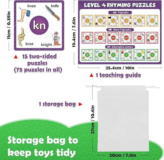 Torlam Phonics Puzzle, Rhyming Games Phonics Games Flash Cards for Kids Toddler, Learn to Read Spelling Reading Sight Words, Trigraphs Site Words for Preschool Kindergarten Homeschool Supplies