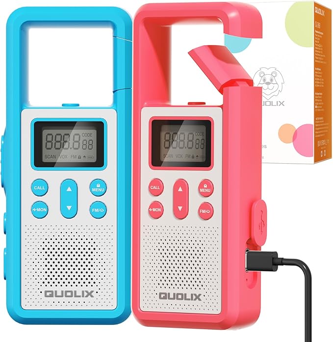 QUOLIX Walkie Talkies for Kids Rechargeable, Kids Walkie Talkies with NOAA & VOX, 1020mAh Battery Toys for 3-12 Year Old Boys Girls, Durable Outdoor Gift for Camping, Hiking, Backyard Games (2 Pack)