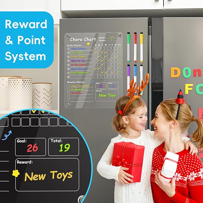 Acrylic Magnetic Chore Chart for Kids, Chore Board, Dry Erase Chore Chart, 12"x9.5" Transparent Erasable Reward Chart for Teens and Adults Chore Checklist with 6 Markers and Towel