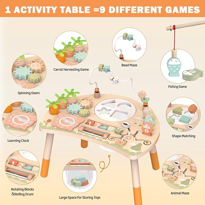 Activity Table for 1+ Year Old, 9-in-1 Montessori Wooden Activity Center with Shape Sorter Fishing Game Bead Maze, Baby Play Table Sensory Educational Toys for Toddler (Natural)