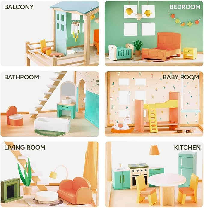 Giant bean Large Wooden Dollhouse with 32 Pcs Furniture Accessories, 3-Story Doll House 5 Rooms Balcony Wooden Stairs, Ideal Dollhouse Playset Toy for Kids Ages 3+, 30" H x 28" L x 13" W