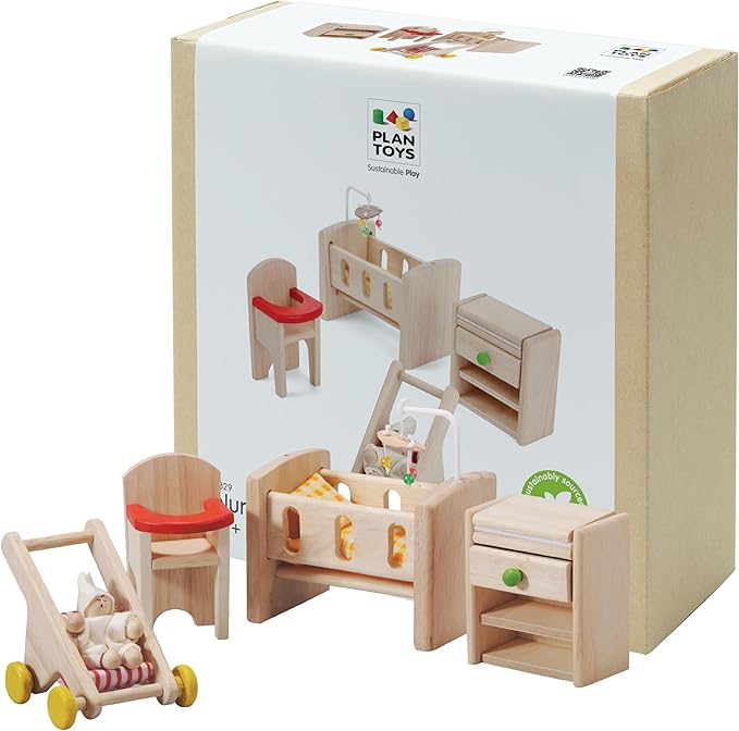PlanToys Nursery - Wooden Dollhouse Accessories Featuring Baby Figure, Stroller, and Furniture Pieces.
