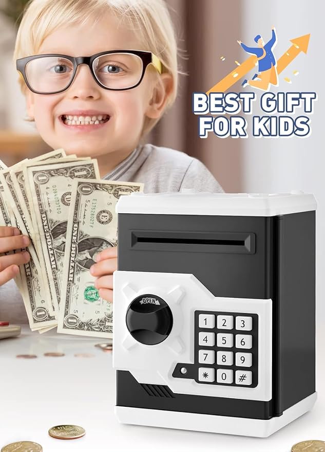Piggy Bank for Girls Boys Large Electronic Money Coin Banks with Password Protection, Automatic Paper Money Scroll Saving Box, Great Gift for Kids(Black-White)
