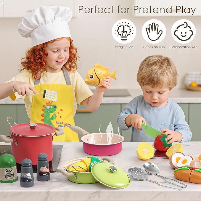 Golray Play Kitchen Accessories, Play Food Sets for Kids Kitchen Playset with Pots and Pans Set, Cooking Utensils, Organizer, Food Toys, Apron & Condiments, Birthday Gifts for Girls Boys Toddlers