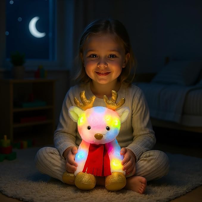 Cuteoy Light-up Singing Plush White Reindeer LED Musical Stuffed Animal Elf Adjustable Volume Lullaby Plushies Birthday Christmas Toy Gifts for Kids Toddler Girls, 13"