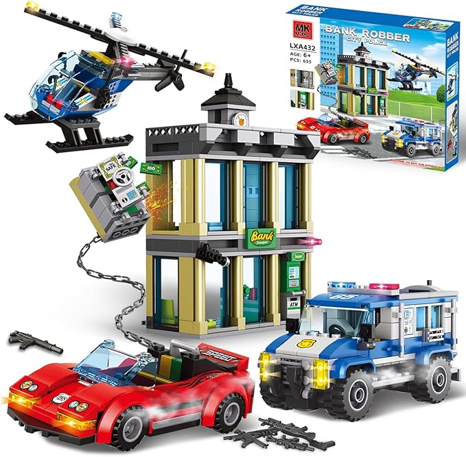 City Police Bank Building Sets, Compatible with Lego Police Bank, Includes Car, Bank, Helicopter, Police Chase Building Blocks Toy Set Gift for Kids 6 Plus Years Old（655 PCS）