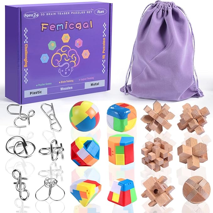 Brain Teaser Puzzles for Adults and Kids, 18Pcs Puzzle Games Set, 3D Wooden Plastic Metal Puzzle, Unlock Interlock Mind Brain Games, IQ Test Educational Toy