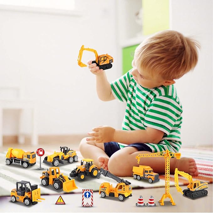 Oriate 28pcs Construction Toys for Kids, 12pcs Mini Diecast Construction Vehicles Toy with Flatbed Transport Trailer, Educational Digger Excavator Bulldozer Forklift Trucks Cake Topper Stickers