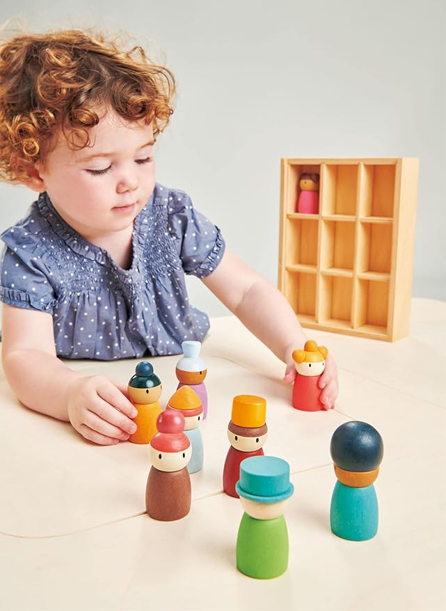 Tender Leaf Toys - Happy Folk Hotel - 9 Pcs Wooden Diversity Peg Dolls Open-Ended Toys - Montessori People Figures Play Set - Age 3+