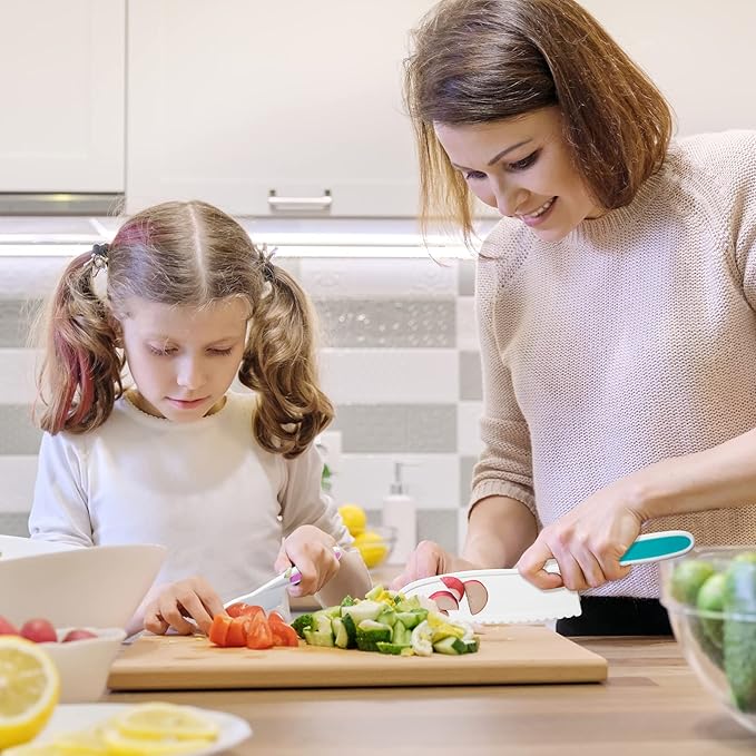 3 Pieces Kids Knife Set for Cooking, with Cutting Board and Safe Lettuce and Salad Knives, Kids Cooking Utensils in 3 Sizes & Colors for Fruit, Bread, Cake, Salad