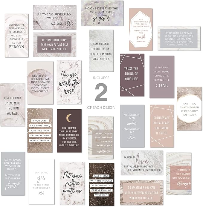 Marble Quartz Daily Gratitude Cards / 50 Motivational Kindness Cards / 25 Inspirational Quote Card Designs / 2” x 3.5” Uplifting Flat Business Card Pack