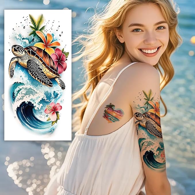 48 Sheets Full Arm Temporary Tattoos for Adults - Waterproof Tropical Summer Beach Party Fake Tattoo Stickers - Hawaiian Floral Palm Sunset Designs for Women Men