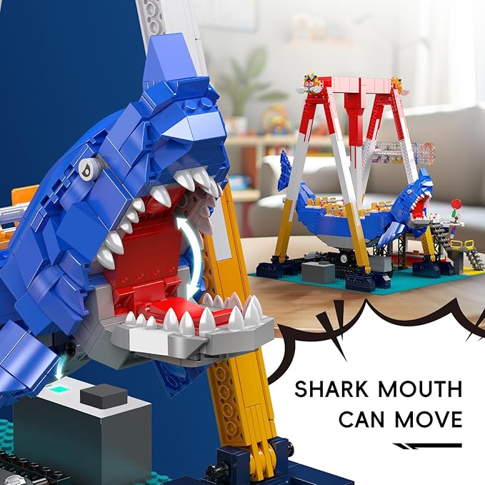 Mould King Pirate Ship Building Set, 1922+ Pcs Amusement Park Model Kit with Shark Shape, Swing Boat with Motor, Home Decoration Building Toys for Teens and Adults, Collectible Gift for Birthday
