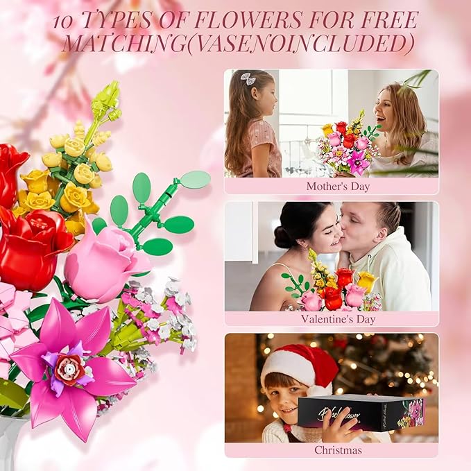 Utbttor Flowers Bouquet Building Set - Roses Flowers Set for Adults, 765 PCS Botanical Collection Building Block Toy, Home Decor Ornaments,Gifts for Anniversaries/Birthday, for Women and Kids 6+