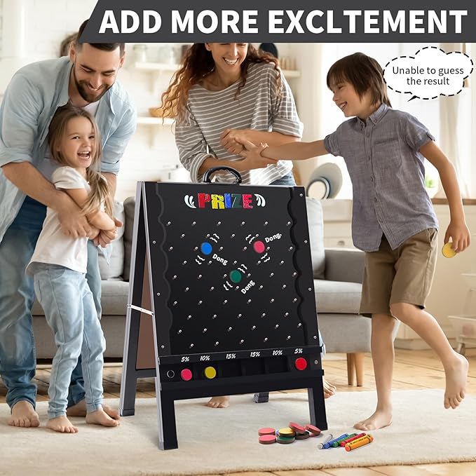 Prize Drop Game Board, 21"x30" Foldable Double-Sided Design with Wooden A-Frame Chalkboard Sign for Carnival, Trade Show, and Party - Includes Coin Drop Discs and Chalk Set, Upgraded Handle Design