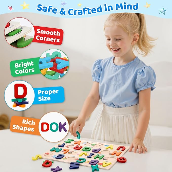 Alphabet Puzzle Wooden Puzzles for Toddlers 3 4 5 Year Old, ABC Shape Learning Toddler Toys with Board & Letter Blocks, Preschool Educational Toys for Girls Boys, Pattern Alphabet