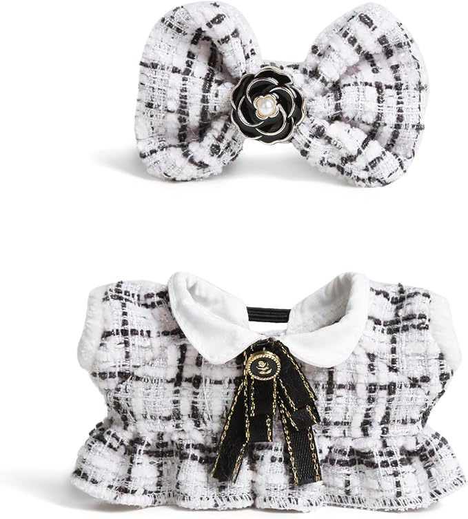 17cm Doll Clothes for Labubu - Luxury Chic Style Set for 17cm Dolls Outfit - Accessories for Dolls Clothes -White Plaid Tweed Dress + Black Necktie + White Bow (No Doll)