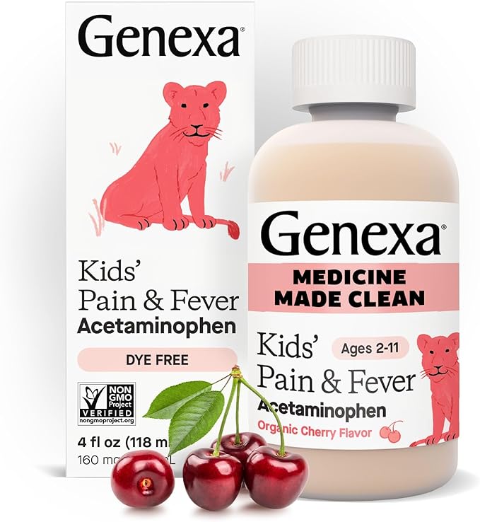 Genexa Children's Clean Acetaminophen | Pediatrician Preferred Ingredients | Pain & Fever Reducer for Kids | Dye Free, 0% Artificial Additives | Ages 2-11, Delicious Organic Cherry Liquid, 4 fl oz