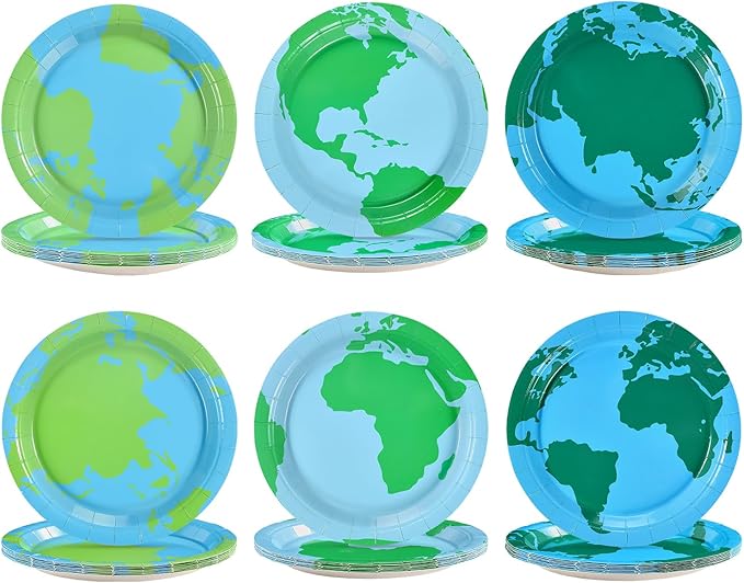 Grencian 60Pcs Earth Day Paper Plates 9" Large Disposable Heavy Duty Navy Globe Map Platter Blue Green Around the World Dessert Plate for Kids Birthday Travel Home Party Decoration