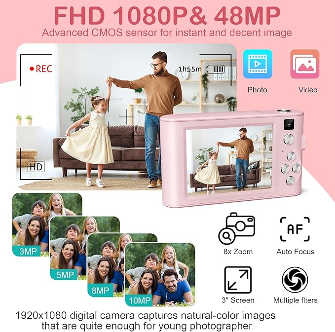 Upgrade Kids Digital Camera, Christmas Birthday Gifts for Girls Age 3-12, HD Digital Selfie Video Cameras for Toddler, Portable Toy for 3 4 5 6 7 8 9 10 Year Old Girl with 32GB SD Card-Pink