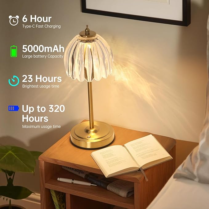Cordless Small Table Lamp with 5000mAh Battery & Touch Control - 3 Adjustable Color Temperatures, Dimmable Rechargeable Table Lamps for Living Room, Bedroom, Desk, Bedside (Transparent Tulip)