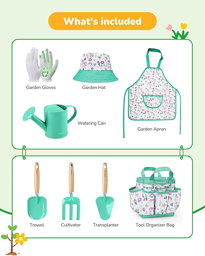 Kids Gardening Set Toys,Includes Metal Trowel,Transplanting Shovel,Garden hat,Rake,Apron,Gloves,Watering Can,and Tool Organizer Bag (Lake Green)