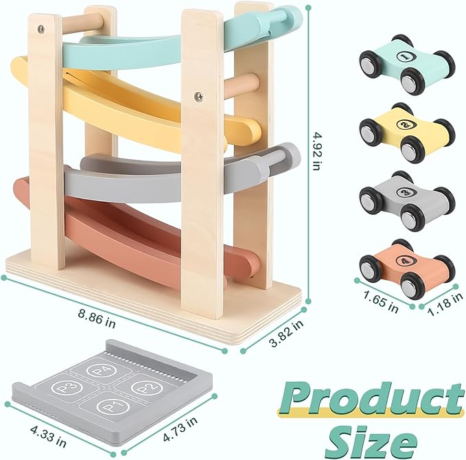 Car Ramp Toys for One Year Old Boy Birthday Gifts, Wooden Montessori Toys for 1 2 Year Old, Race Track Truck Toy with 4 Mini Cars/1 Parking Lot, First Christmas Birthday Gifts for Toddlers 1-3-2-4