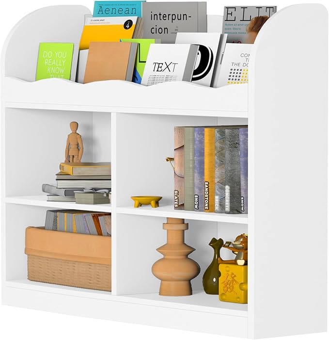MHOM White Kids Bookshelf, Toy Storage Organizer with Book Rack and 4 Storage Cubbies, Wooden Kids Bookcase, Toy Organizers and Storage for Nursery, Playroom