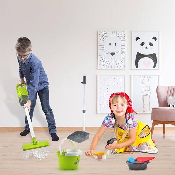 Toddler Cleaning Set, Kids Cleaning Toy Set with 2 in 1 Kids Vacuum That Really Works, Mop, Broom, 14Pcs Pretend Play Home Cleaning Playset for Toddler Ages 3+, Birthday Gift for Girls Boys (Red)