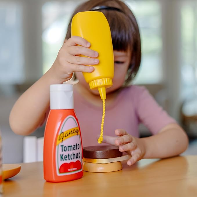 Melissa & Doug 5-Piece Favorite Condiments Play Food Set Play Ketchup and Mustard Bottles, Pretend Food Set for Kids Ages 3+
