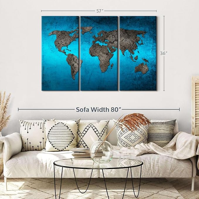 ElephantStock Ocean World Map Multi Piece Canvas - 3 Panel Wall Decor - Map of the World Art - Canvas for the Office and Home - 57" X 36"