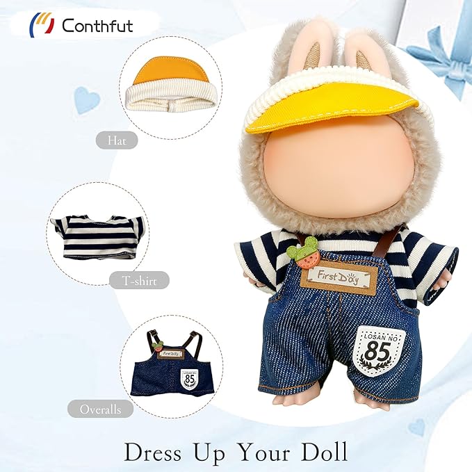 17cm Doll Clothes,15cm Dolls Outfit Set,Accessories for Dolls,Stylish Clothes Set Dress Up (No Doll) (Blue Overalls Suit+Hat)